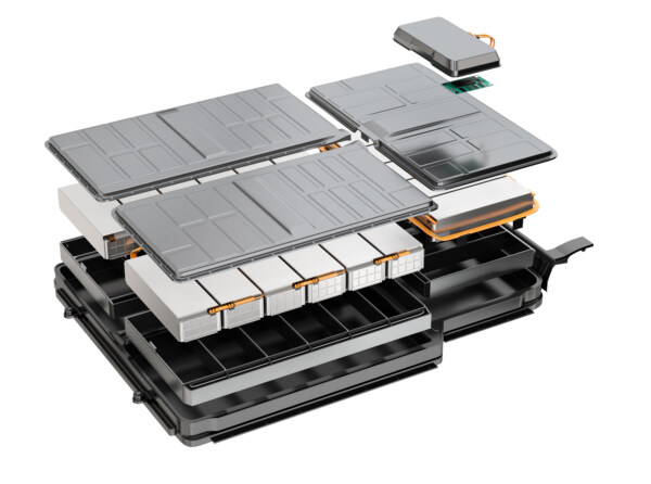 Exploded view of Electric Vehicle's battery pack isolated on whi