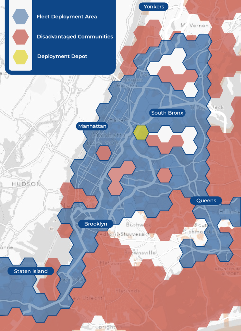 Map displays Anheuser-Bush fleet deployment area and disadvantaged communities in New York City. 