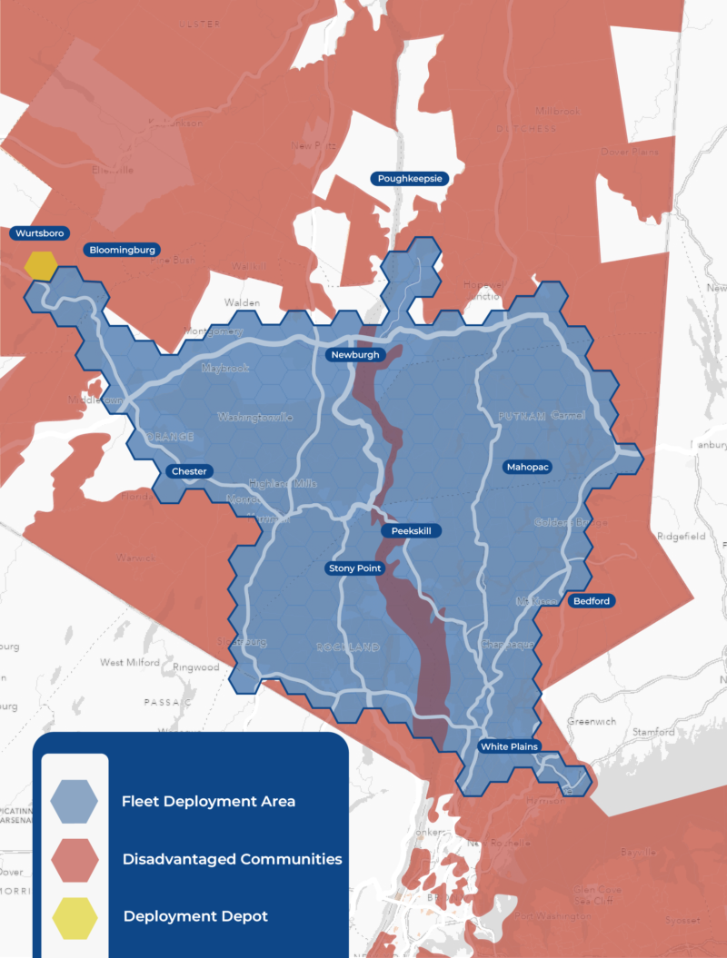 Map displays NFI fleet deployment area and disadvantaged communities in Lower Hudson Valley. 