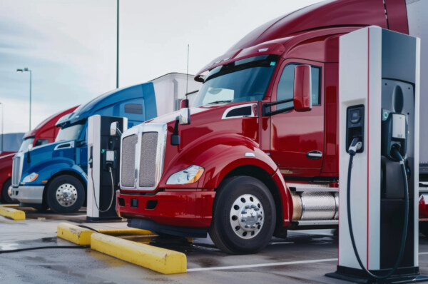 A truck charging station. Large trucks at the battery charging s